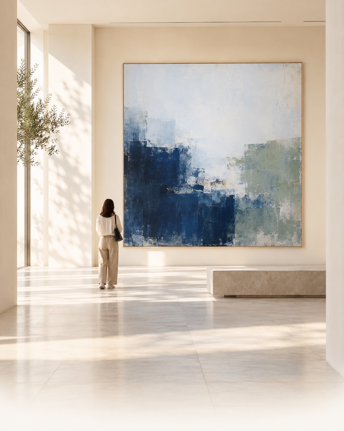 朝の光が差し込む展示室で、藍と淡い青の抽象作品を静かに鑑賞する人